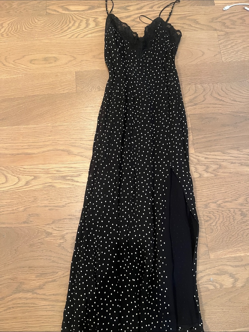 Reformation Black Polka Dot Lace-Trim Maxi Dress